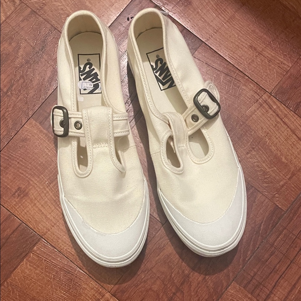 Vans Cream Canvas Mary Jane Sneakers with Black Buckle